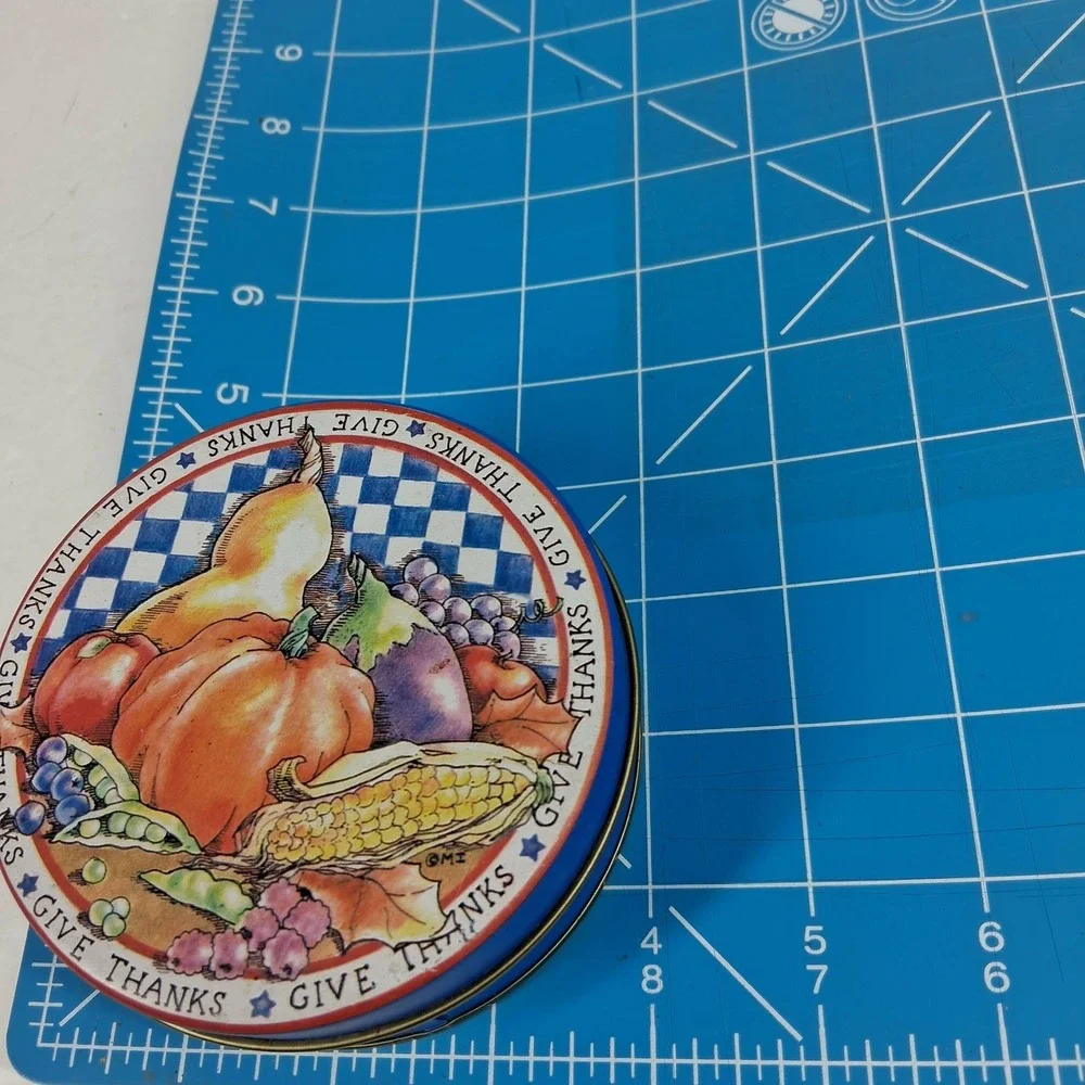Give Thanks Harvest Coaster Set of‎ 6 with Storage Tin Blue Autumn Fall OMI
